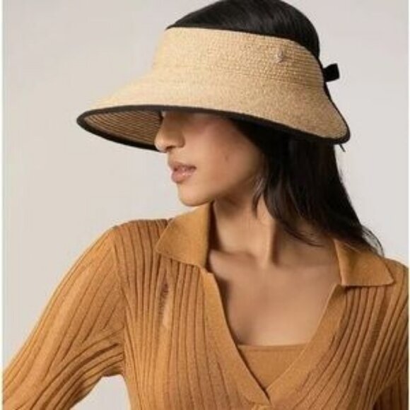 Helen Kaminsk Women's Natural & Black Mita Packable Raffia Visor One Size 2718 - Picture 2 of 14